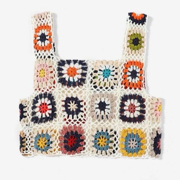 Crochet lace crop top bikini cover-up colorful patchwork cream beach summer tops - Picture 2 of 6